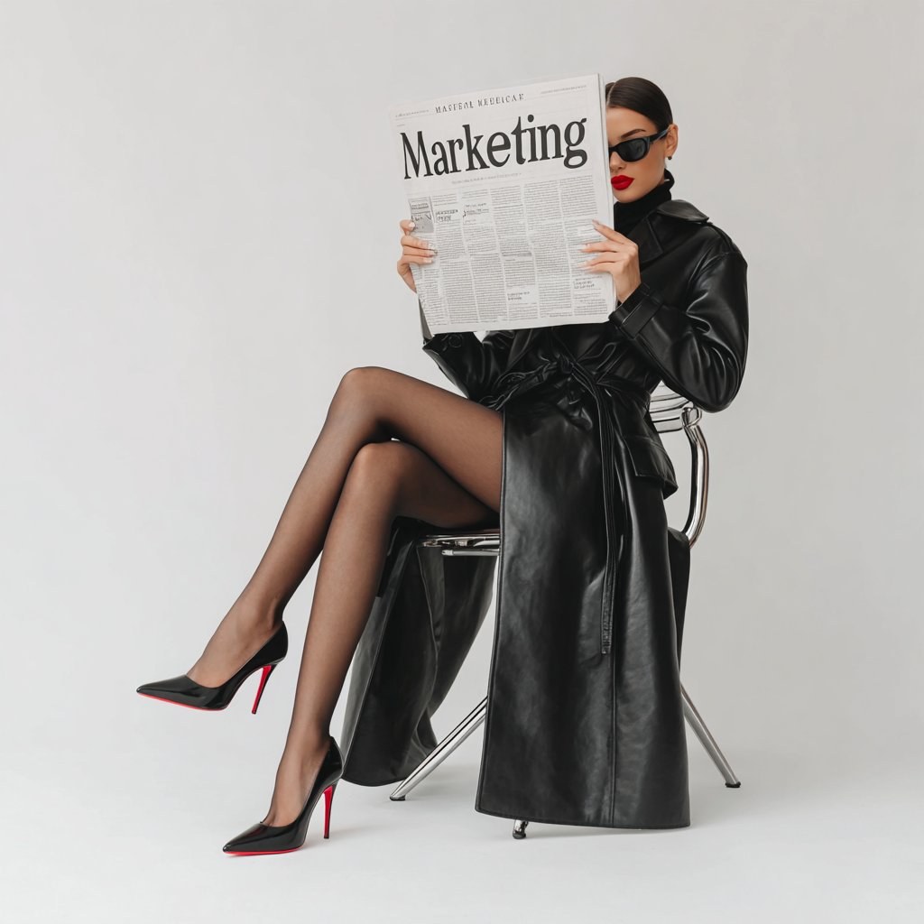 Editorial portrait of a businesswoman reading a Marketing newspaper, representing Edge21 Marketing for service businesses